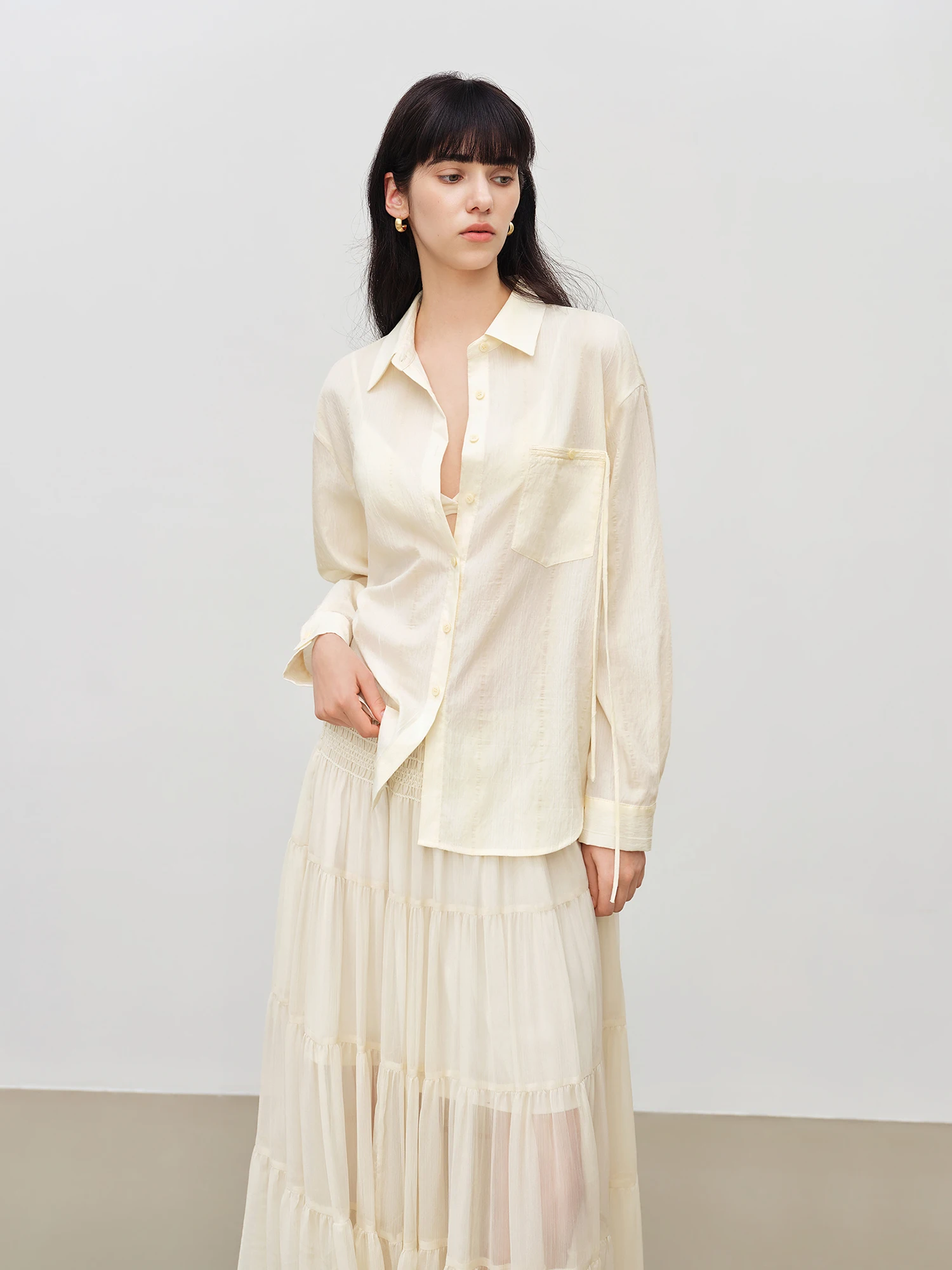 ZIQIAO Women's 2026 Summer New Arrival Lyocell Fiber Vertical Stripe Lapel Shirt with Back Slit Design Casual Loose Top Shirts