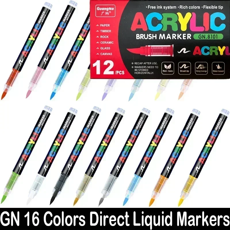 

120-12 Colors Direct-liquid Acrylic Marker Pen Waterproof Pen Soft Brush Nib for Glass Stone Metal Glass Art Supplies Stationery