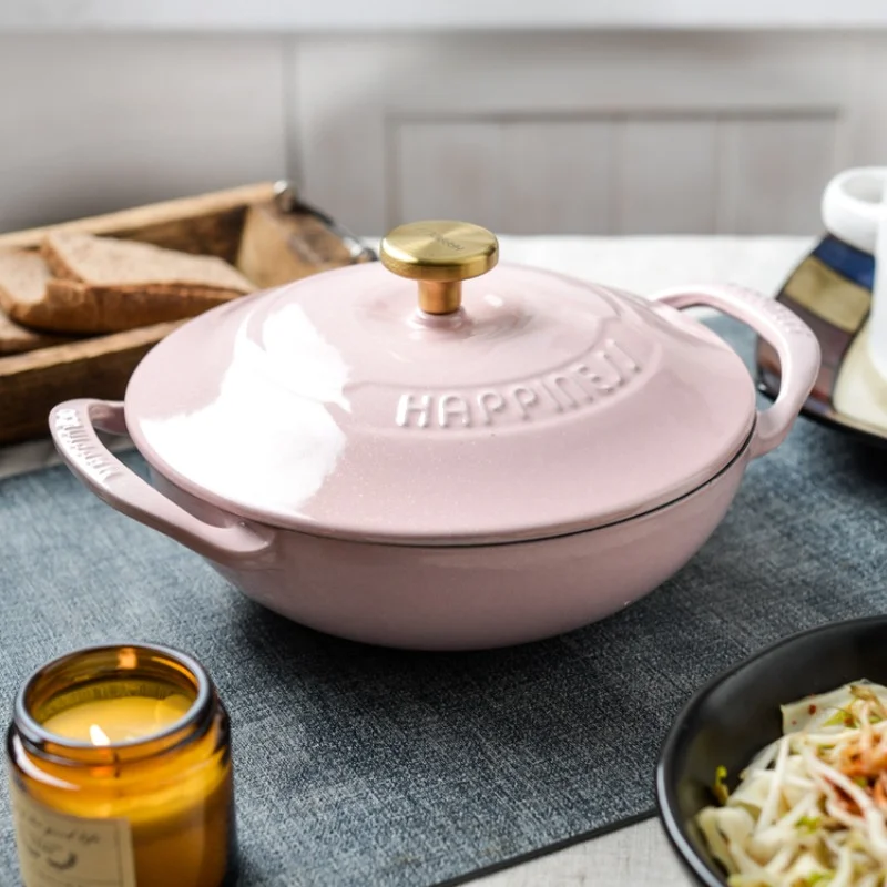 

21cm Pink Home Cooking Pots Multifunctional Soup Pot Cast Iron Enamel Pots for Kitchen High Energy Polyheat Stew Pot