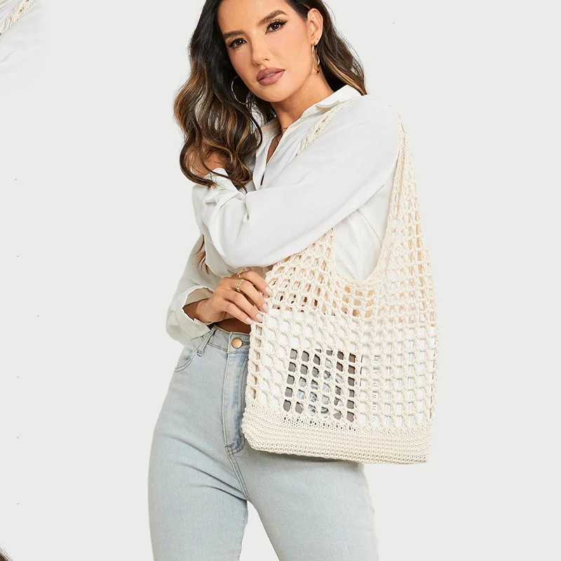 Fashion Crochet Bags for Women Summer Beach Tote Bag Aesthetic Totes Handbag Bohemian Woven Knit Shoulder Bag