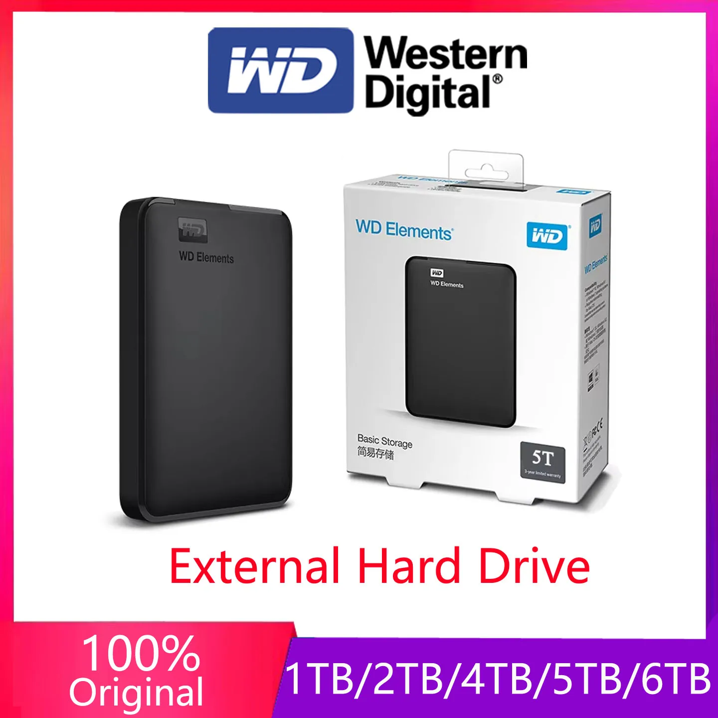 Western Digital Wd Elements Portable USB3.0 Hard Drive Hdd 1TB 2TB 4TB 5TB 6TB 2.5Inch Portable External Hard Disk Storage