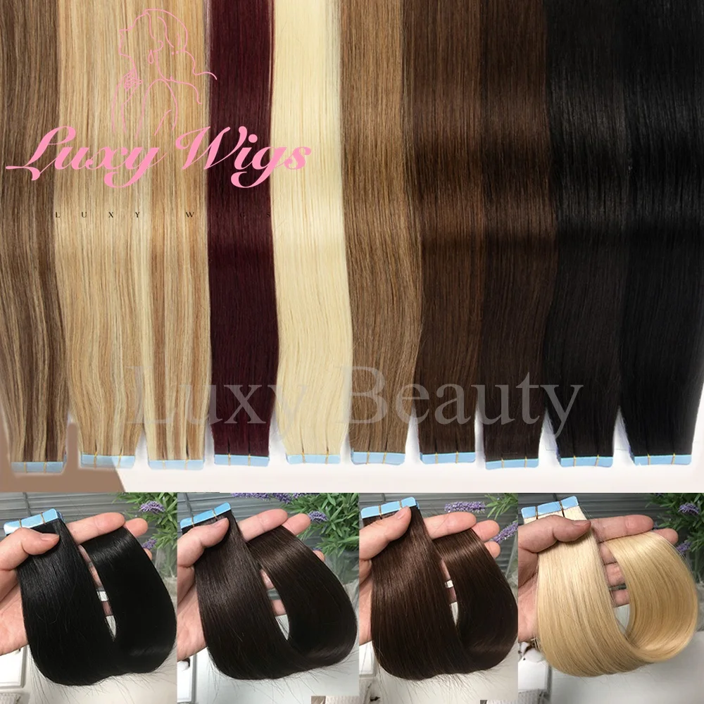 เทปต่อผมสีบลอนด์ ผมแท้ตรง สีดำ สีน้ำตาล ไร้รอยต่อ แบบ PU Skin Weft  20 ชิ้น/แพ็ค