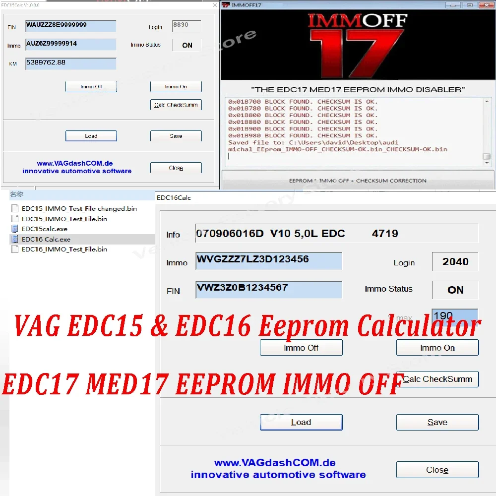 Software 3 in 1 VAG EDC15 & EDC16 Eeprom Calculator / Immo / Vin / Mileage / Pin and EDC17 MED17 IMMO Off in Eeprom or Flash