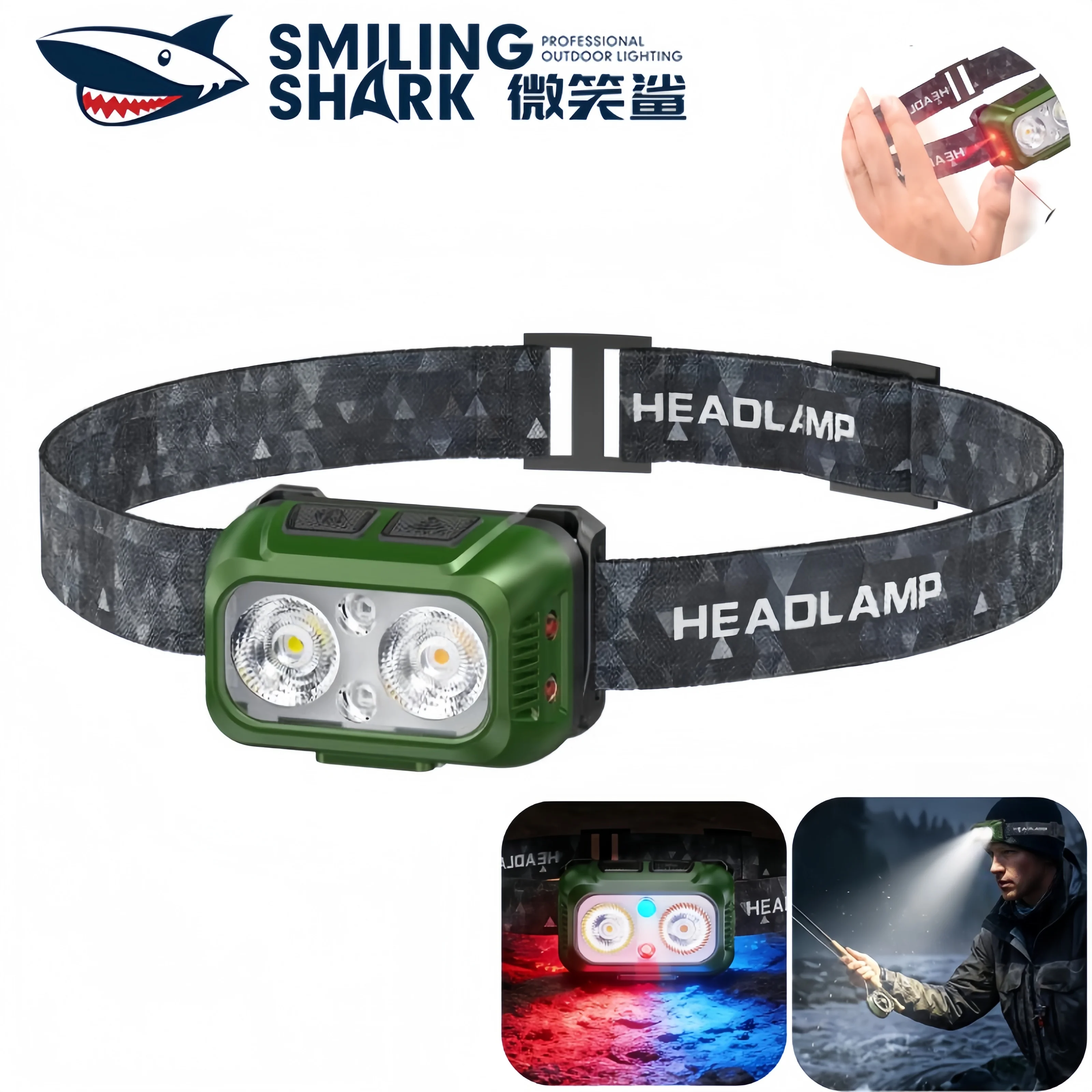 SMILING SHARK Mini Headlight Induction Head Lamp LED 2 Fishing Light 10Mode Red Blue Warning Light TD0296