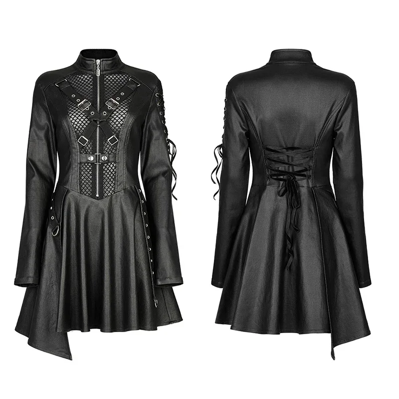 PUNK RAVE Punk Women Faux Leather Sexy Long Sleeve Dress Gauze Splicing Asymmetric Skirt Hem Dresses Black Goth Clothing