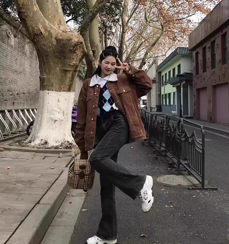 BM 슬레 브랜디 아메리칸 레트로 양털 재킷 루즈 코듀로이 따뜻한 코트 여성용 루즈핏 칼라 테이닝 아우터웨어