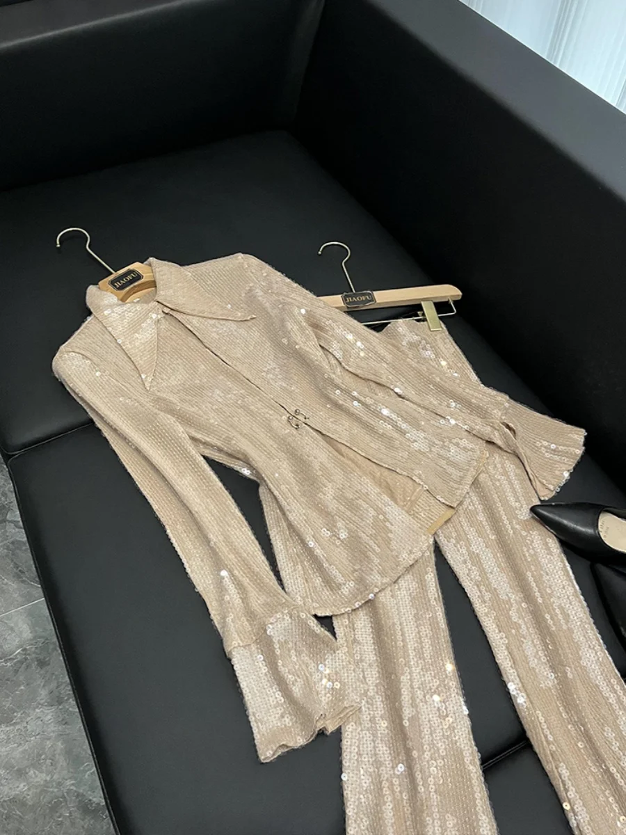 New 2025 Slim Fit Elastic Net irt Bell Bot Pants Transparent Sequin Beads Top Bot Set Women's Faion Autumn Wear