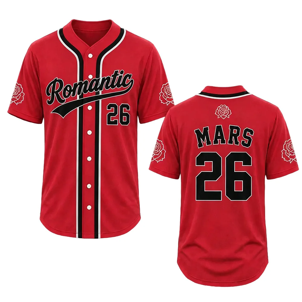 Bruno Mars Romantic Concert Baseball Jersey Red Rose Graphic Print Top Music Fan Button Down Shirt Women Men Fashion Loose Shirt