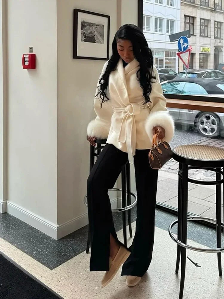 أنيقة الدانتيل يصل الفراء المرقعة معطف المرأة فضفاضة الصلبة طويلة الأكمام الخامس الرقبة المفتوحة غرزة معاطف الإناث 2025 الخريف سترة حريمي الموضة