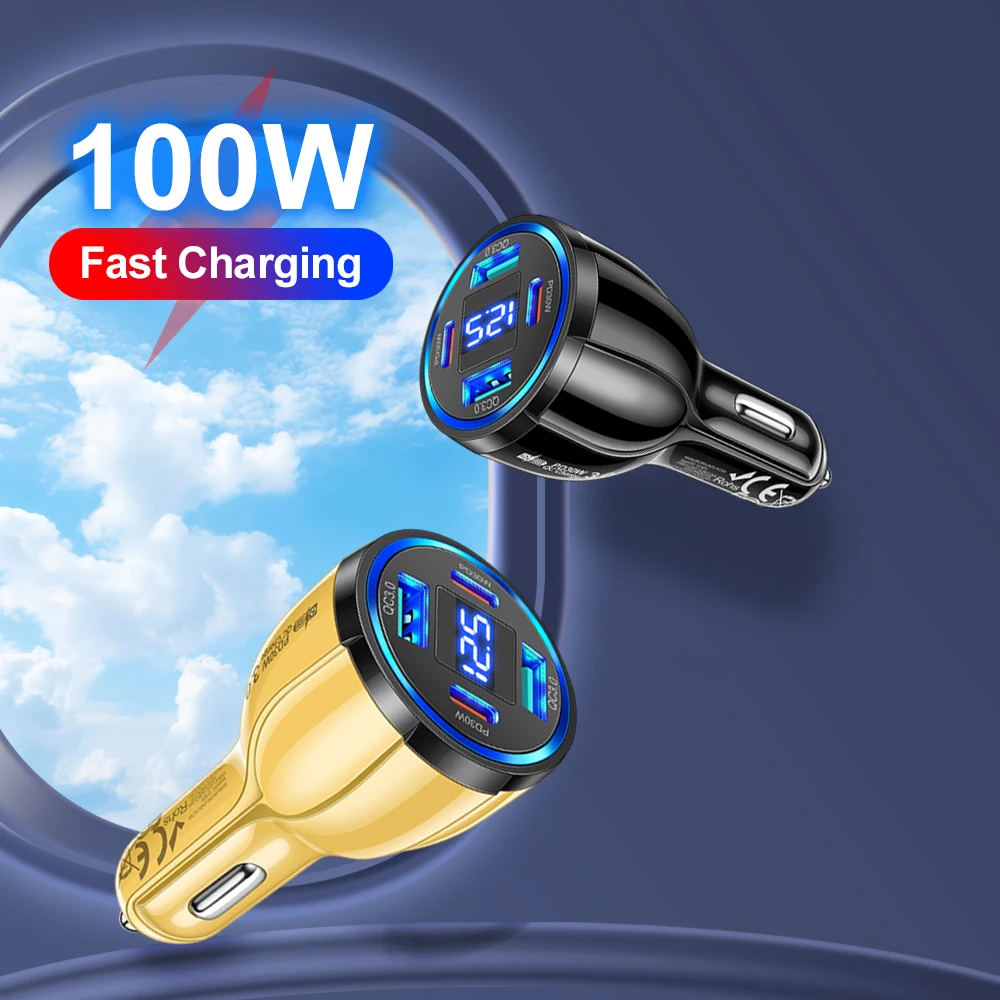 100 W 4 Ports Autoladegerät USB Schnellladung mit Digitalanzeige Schnellladeadapter für iPhone Samsung Xiaomi Typ C Ladegerät