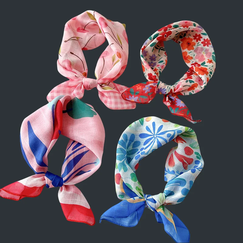 

58*58cm Soft Women Scarf Cotton Linen Small Square Hijab Shawl Headband Neckerchief Floral Print Hair Scarf Female Headscarf 