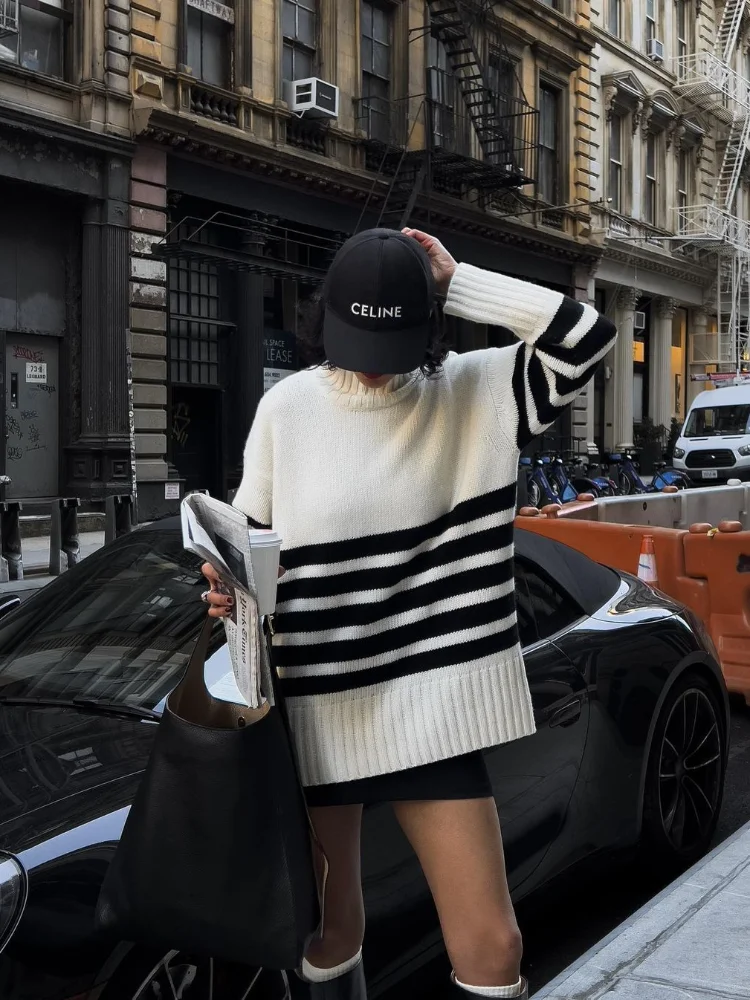 Fashion Contrast Stripe Women\'s Knitted Pullover Elegant Turtleneck Long Sleeve Warm Sweater New Lady Autumn Commute Streetwear