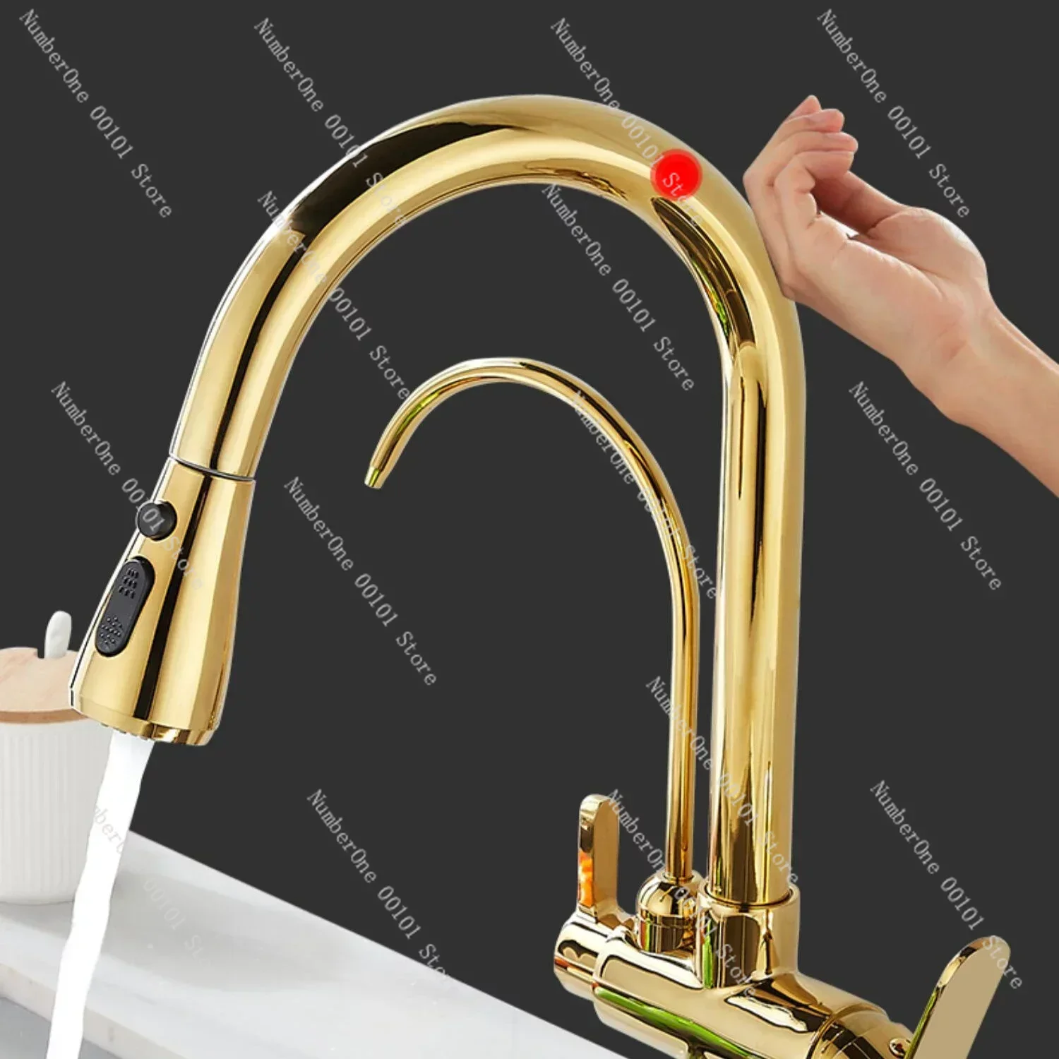 Gold Touch Filter Kitchen Faucets 3 Ways Hot Cold Pull Out Kitchen Mixer Tap Solid Brass Golden Sensor Touch Kitchen Faucet