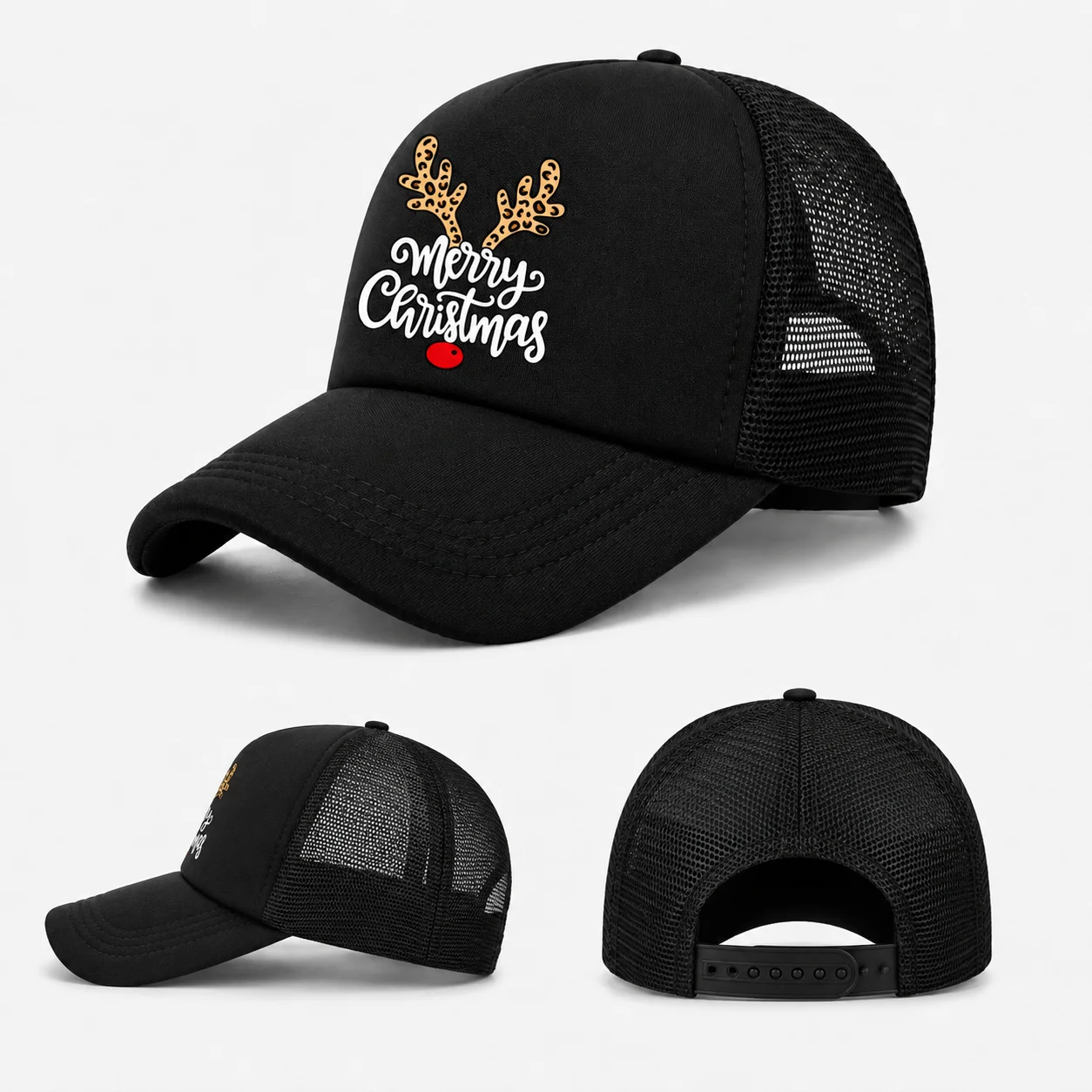 Neutral Christmas reindeer print mesh baseball cap, adjustable breathable truck cap, suitable for Christmas parties