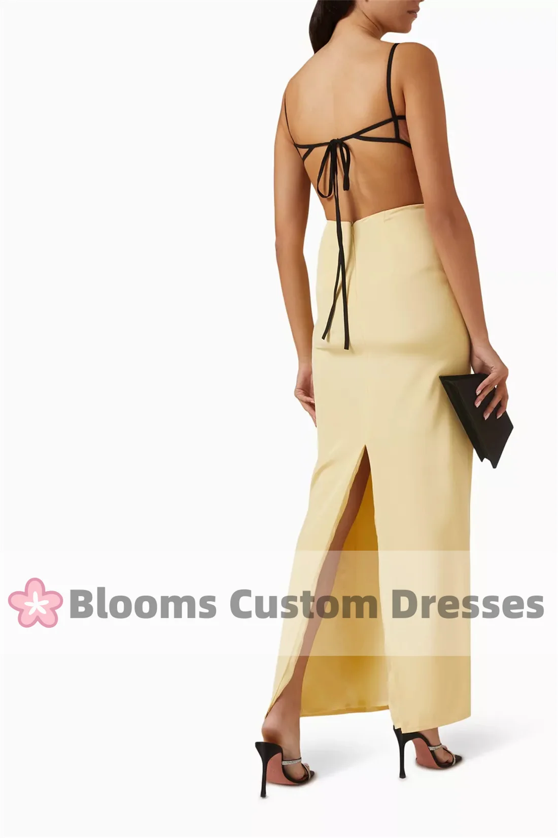 Customized Shiny Rhinestone Spaghetti Straps Evening Dress Chiffon Sexy Cocktail Prom Dress Back Slit Backless Formal Party Gown