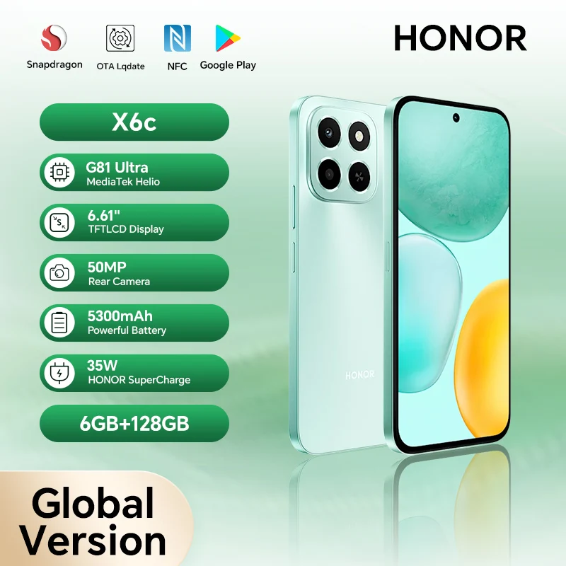 Новый смартфон Honor X6c, глобальная версия, 6,61 дюйма, 120 Гц, TFTLCD-экран, 50 МП, 5300 мАч, 35 Вт, суперзарядка, водонепроницаемый телефон с защитой от падения Новый смартфон Honor X6c, глобальная версия, 6,61 дюйма, 120 Гц, TFTLCD-экран, 50 МП, 5300 мАч, 35 Вт, суперзарядка, водонепроницаемый телефон с защитой от падения