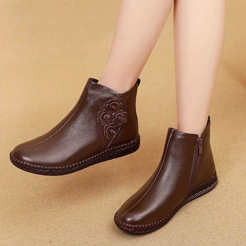 2024 Winter Women Shoes Woman Genuine Leather Flat Ankle Boots Women Waterproof Causal Warm Snow Boots Mother Non-slip Booties