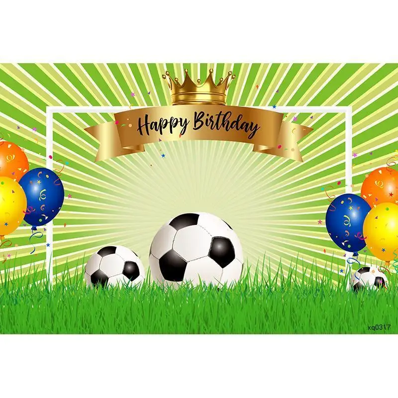 Green Grass Soccer Party Backdrop For Boys Birthday Party Gold Crown Balloons Football Theme Photography Backgrounds