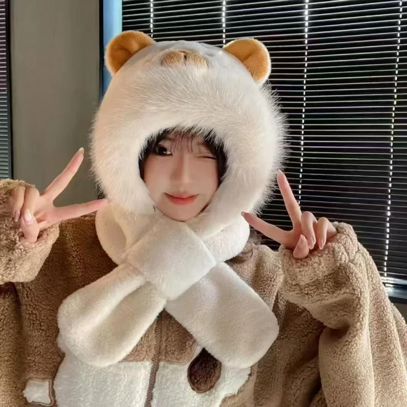 قبعة ووشاح جديدة لطيفة من القطيفة الكل في واحد لحماية الأذن في فصل الشتاء وركوب الدراجات في الهواء الطلق والقبعات الدافئة والأوشحة #2