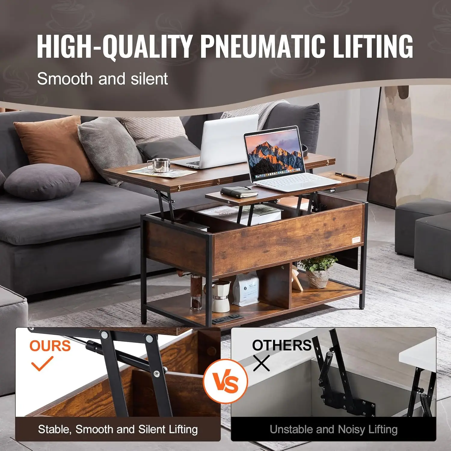 4-in-1 Lift Top Coffee Table with USB/Power Outlet/LED Light - Multi-Function Convertible Dining Table with Storage