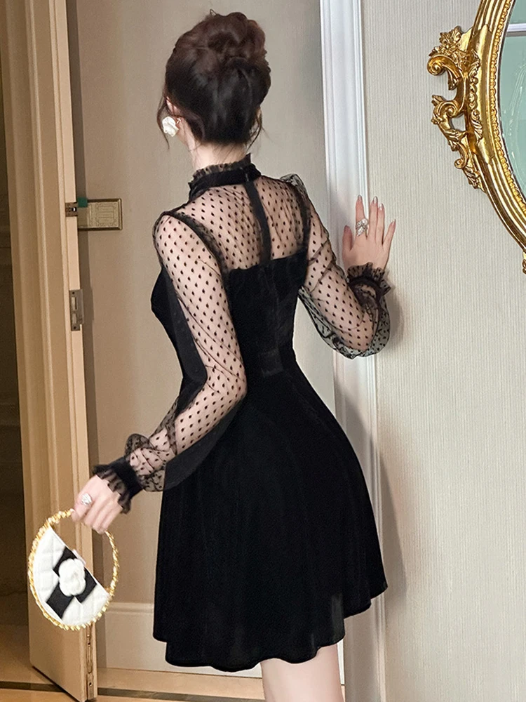 Women Clothes Fashion Black Velvet Sheer Sexy Puff Sleeve Slim A-Line Short Dress Elegant Ladies Vintage Party Prom Vestidos New