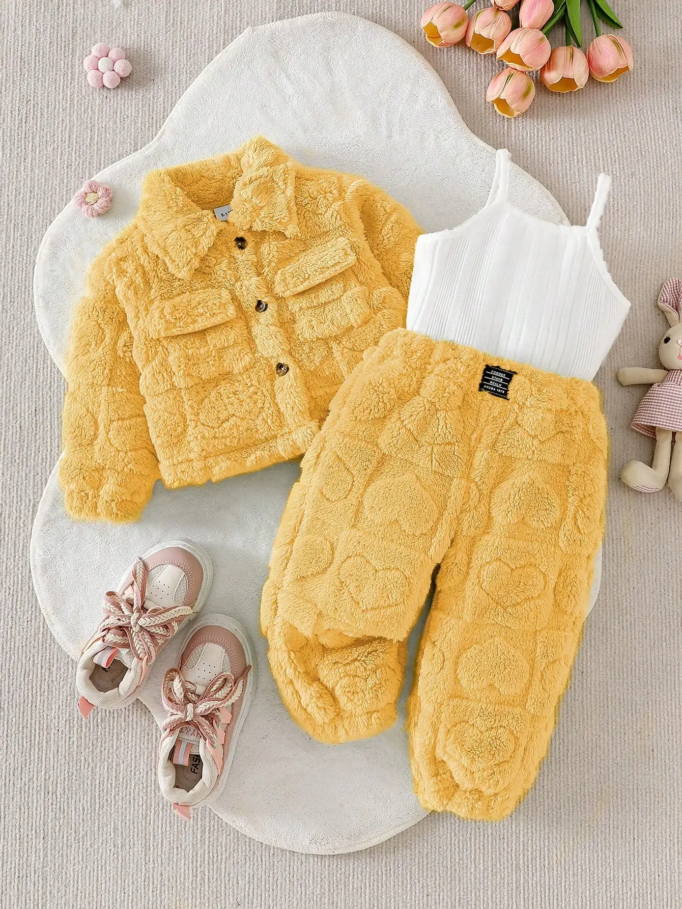 Dreiteiliges Set für Babymädchen: Lässige rosa Plüschjacke mit langen Ärmeln, lange Plüsch-Sweatpants und ein schlichtes Oberteil als vielseitige Basis für den Winter. – Detail 5