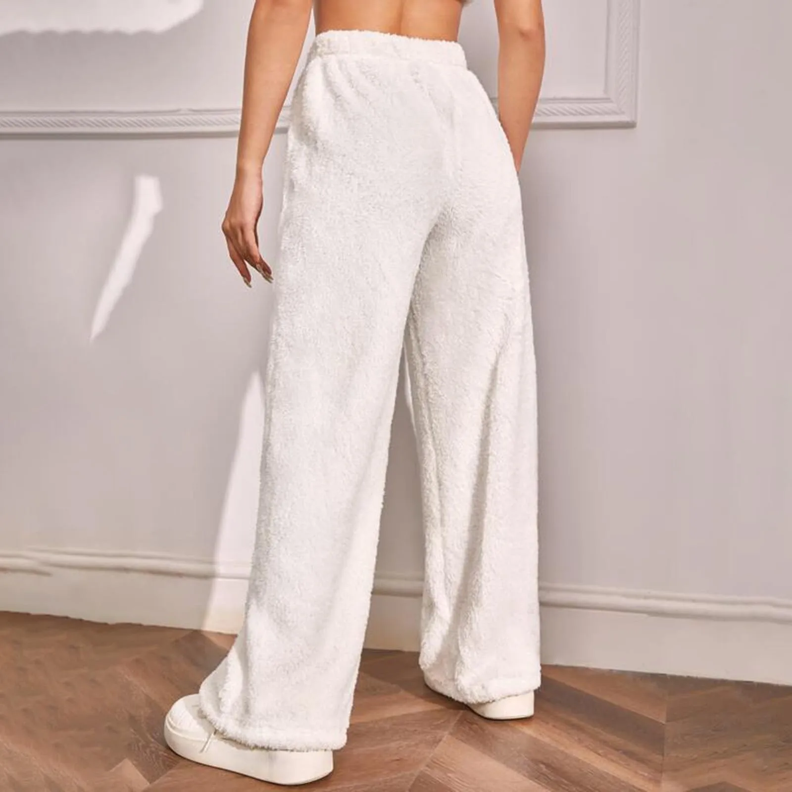 Womens Dance Trousers Casual Solid Elastic Waist Loose Plush Pants Beam Long Home Pants Ladies Wide Leg Sweatpants Solid Color