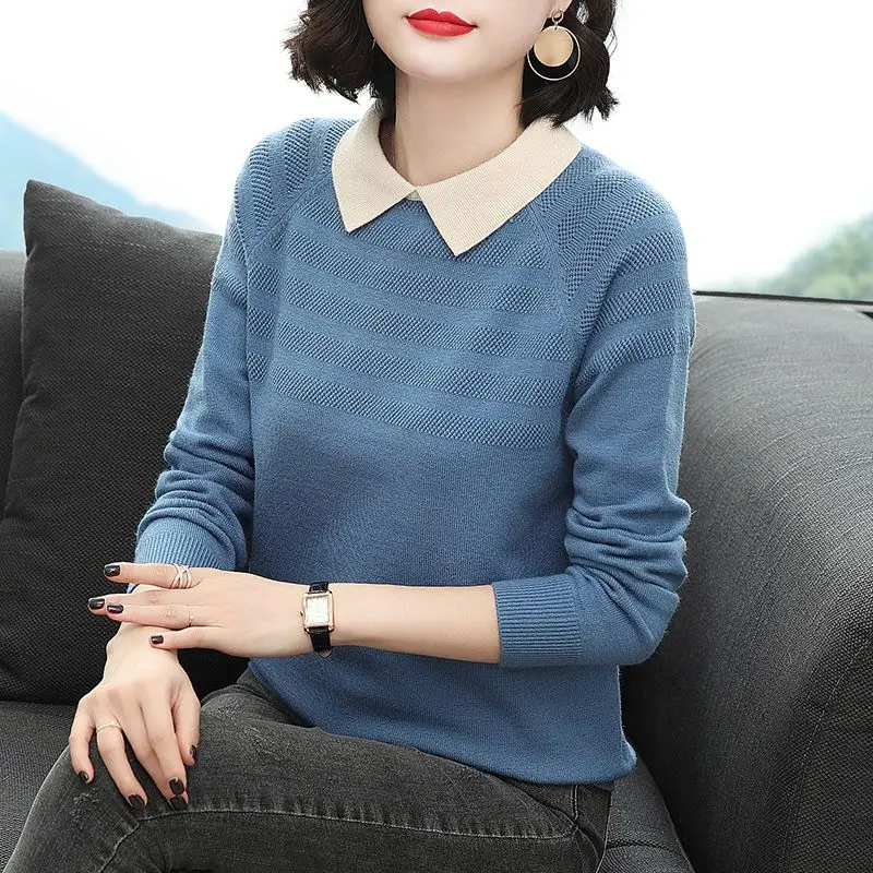 Fashion Lapel Knitted Spliced Loose Korean Sweaters Women's Clothing 2022 Autumn New Oversized Casual Pullovers Commute Tops