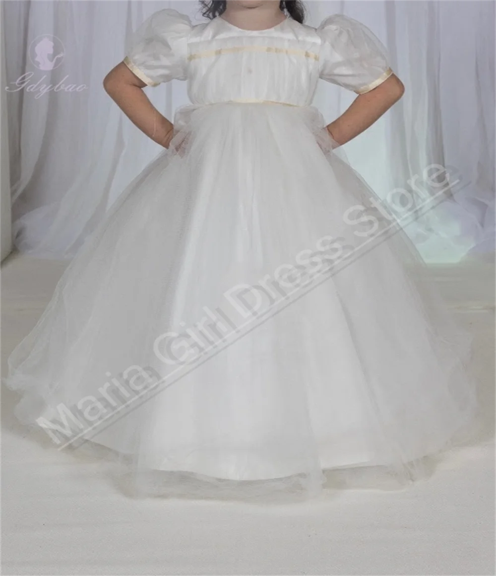 Communiejurken voor meisjes Mesh ronde hals korte mouwen bruiloft bloemenmeisje jurk lang kinderverjaardag fotografie