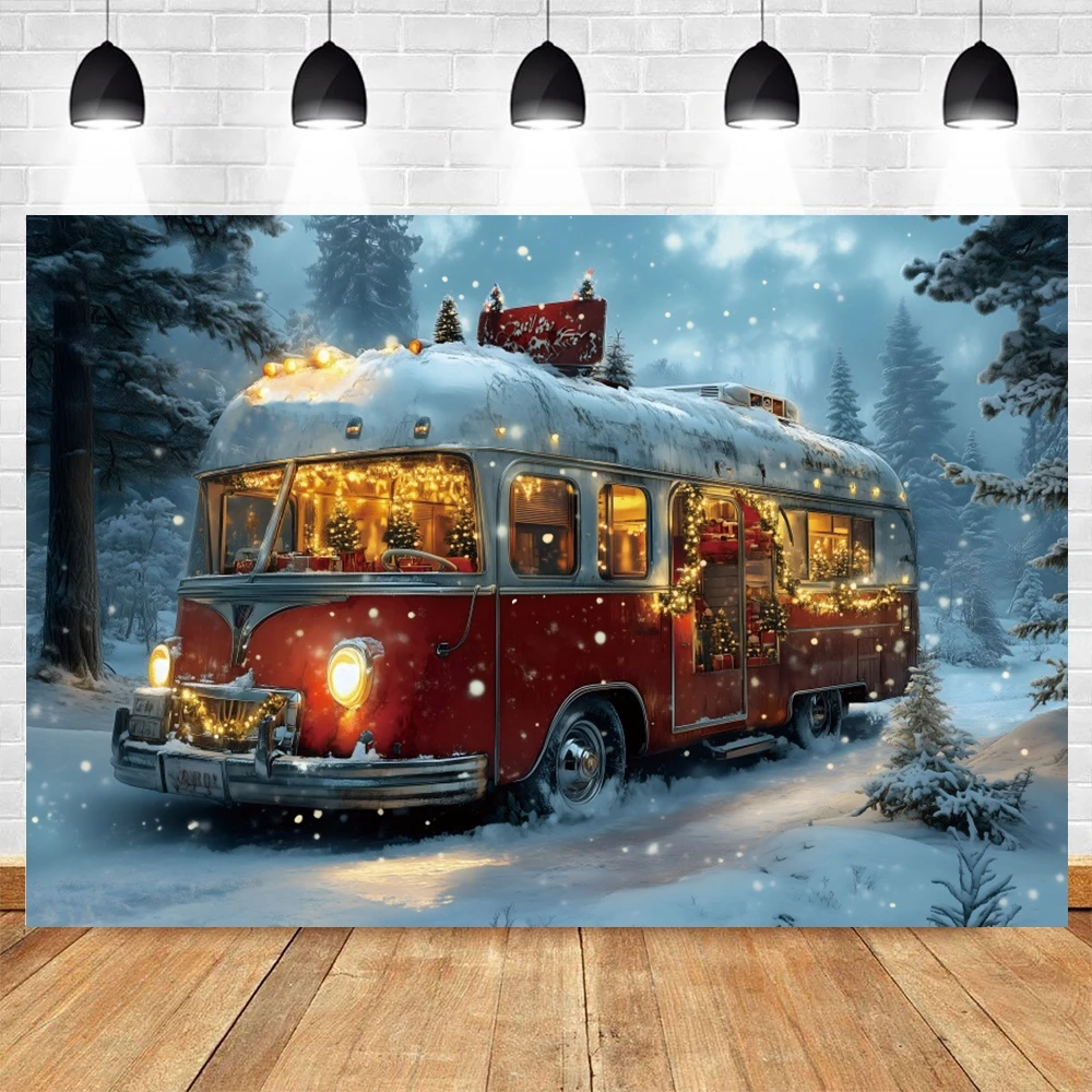 ฤดูหนาวหิมะป่ารถบัสฉากหลัง Snowy Pine ต้นไม้หิมะแผนที่เด็กทารกถ่ายภาพพื้นหลังตกแต่ง Photostudio Props