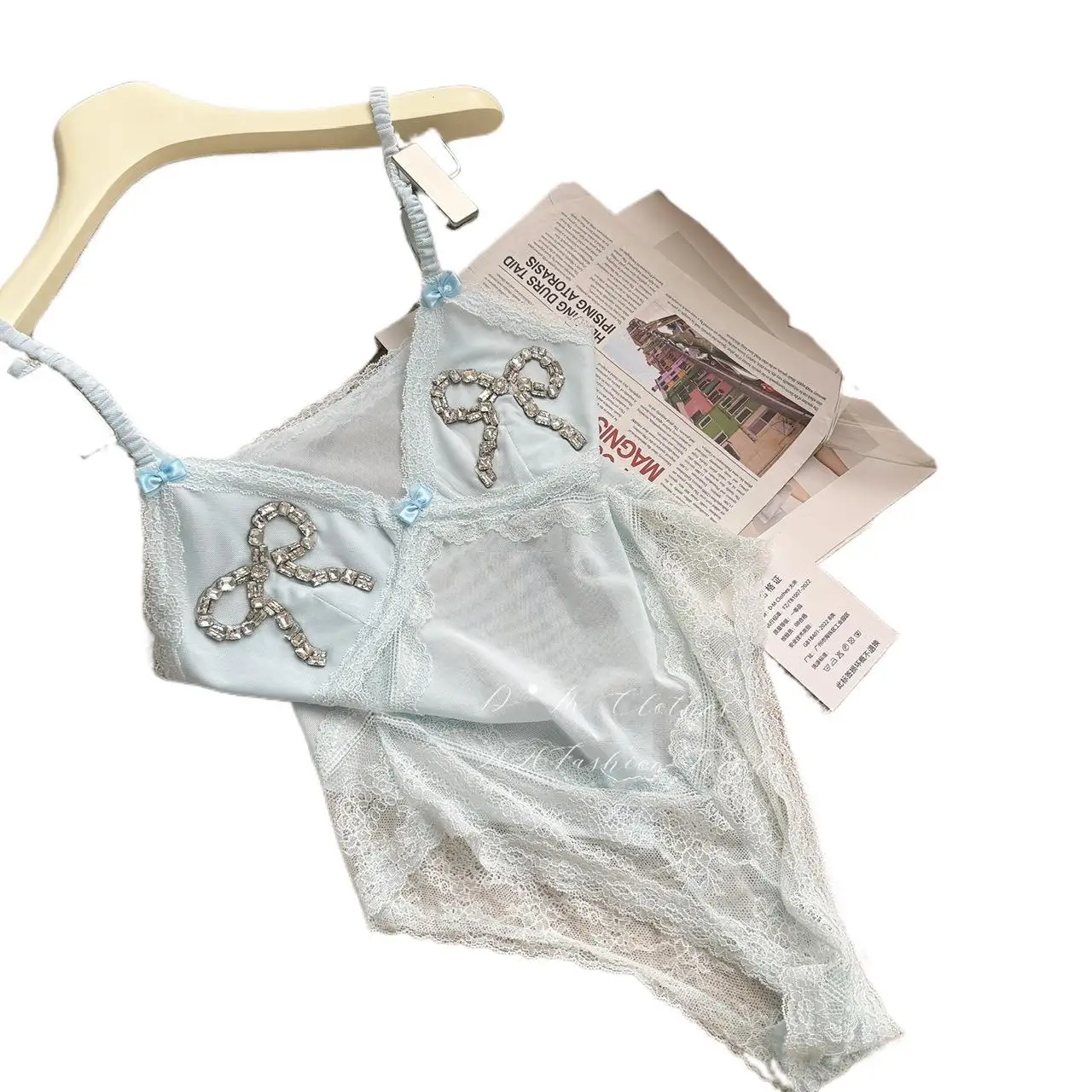 Coquette Aesthetic Lace Bodysuit with Rhinestone Bows Light Blue Camisole Lingerie