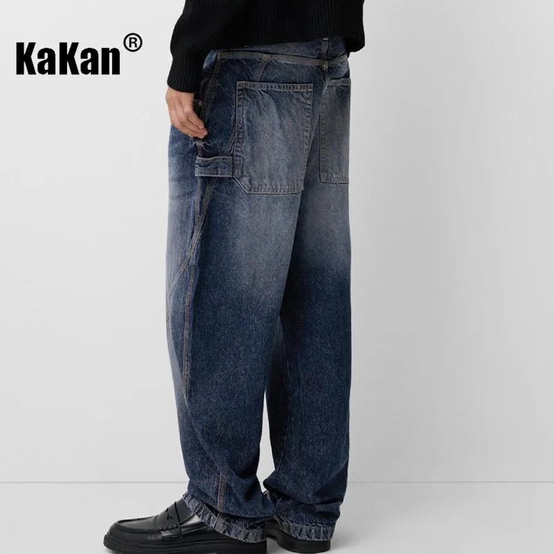Kakan - Men's Mid Rise Retro Slim Straight Leg Jeans, New Black Dark Blue Long Jeans