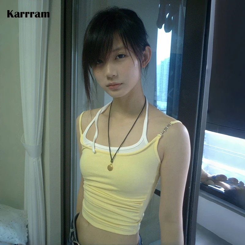 Karrram Japanese Y2k Fake Two-piece Tank Top 2000s Style Aesthetics Cami Tops Vintage Harajuku Slim Crop Top American Retro 90s