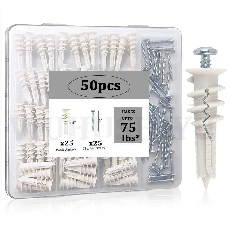 

50Pcs Self Drilling Drywall Anchors and Screws kit #8 x 1-1/4”- Superb Wall Anchors for Drywall, Holds Upto 75lbs – No Drill
