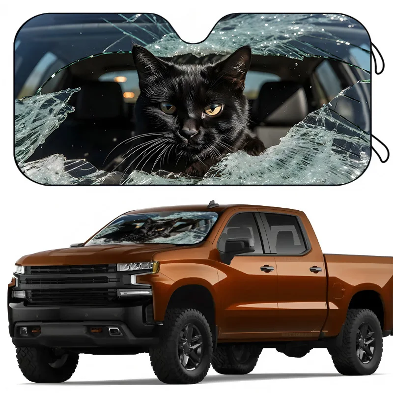 1Pcs Black Cat Breaking Through Cracked Glass Car Windshield Sun Shade, Vibrant Design, Easy Installation Shade