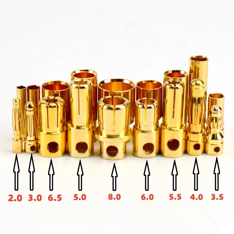 Plugue conector banana bala dourada 2.0mm-8.0mm para bateria esc lipo rc universal fit acessórios eletrônicos rc 20 peças
