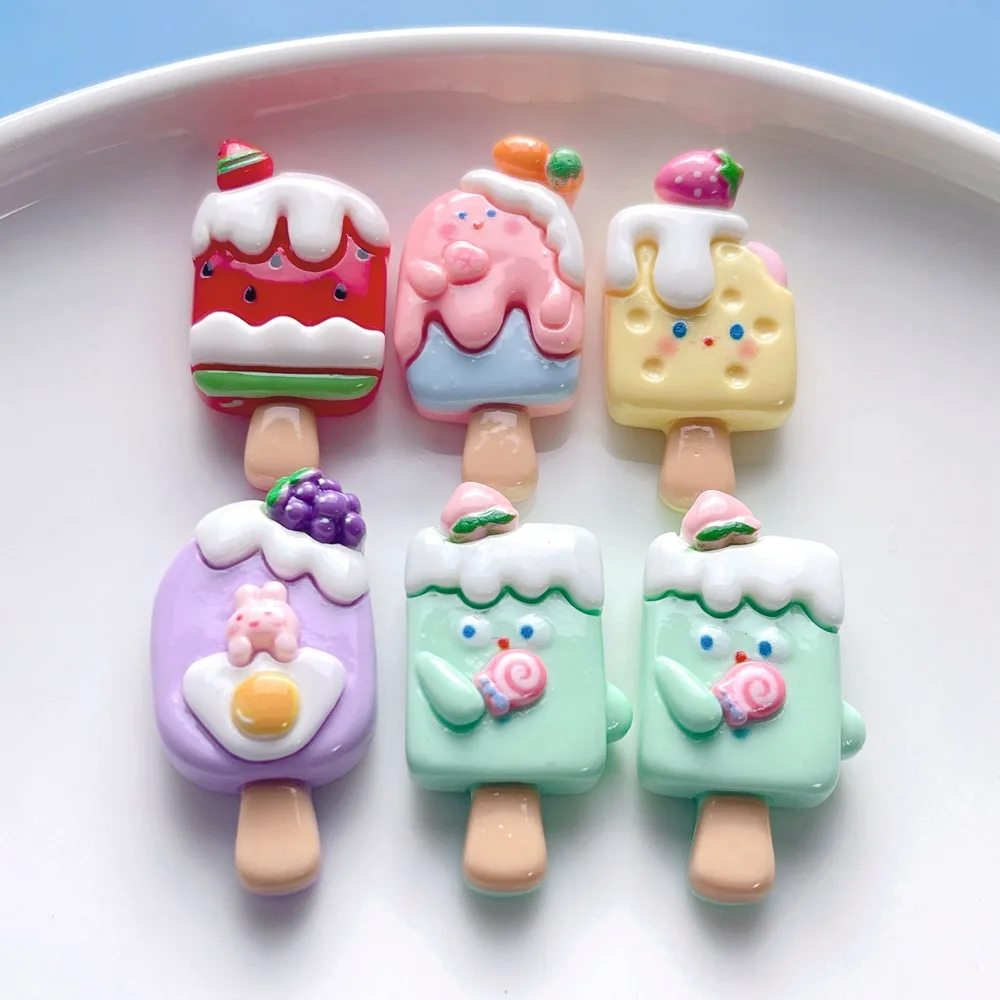 10pcs Drippy Cartoon Popsicle Resin Cabochon Flat Back DIY Hair Bows Clips Embellishment Accessories Miniature Food Scene Layout