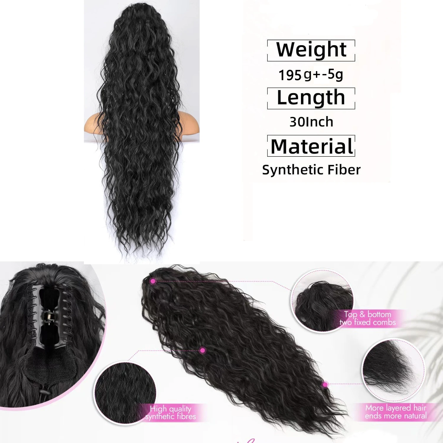 Synthetic Claw Long Wavy Ponytail Extension Black Brown 30" Curly Pony Tail Clip in Hair Extensions Fluffy Natural Looking view 4