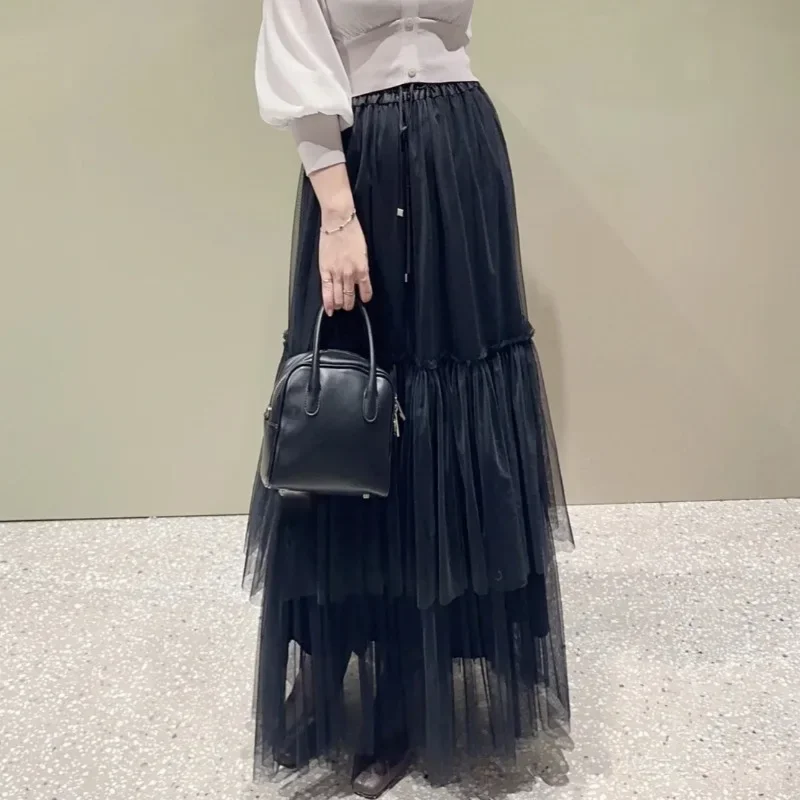 Chic Drawstring Cake Women 2024 Faldas Lace Up Mesh Skirt High Waist Pleated Skirts Japan New Falda All-match Ropa Mujer