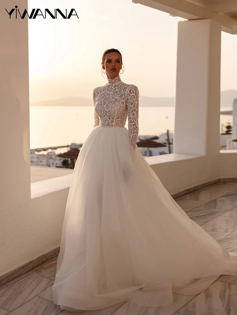 

Sequined Beads A-line Wedding Dress With Detachable Train Modest Long Sleeve Bridal Gown 2025 Customized Dresses For Bride