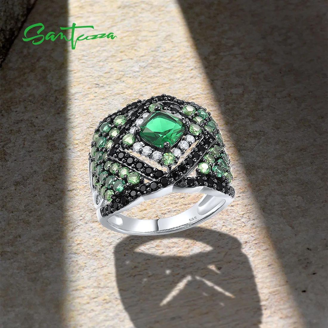 SANTUZZA 925 Sterling Silver Solitaire Ring For Women Sparkling Green And Black Spinel White CZ Charming Fine Fashion Jewelry