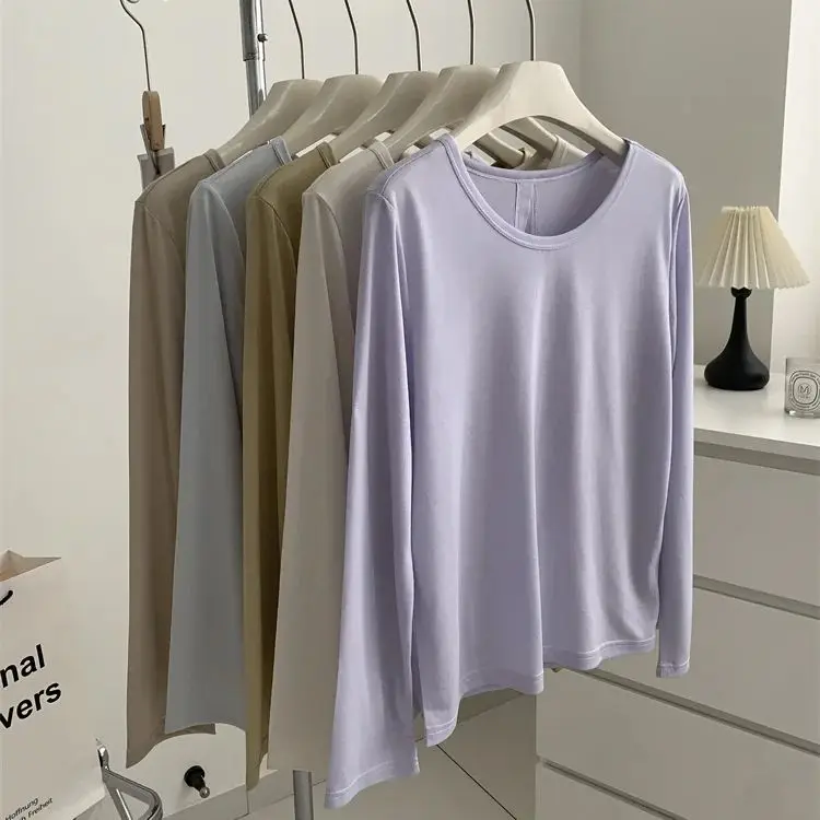 Button design on the back~Lyocell long-sleeved tee! Early autumn Korean style whitening soft drape sunscreen bottoming shirt