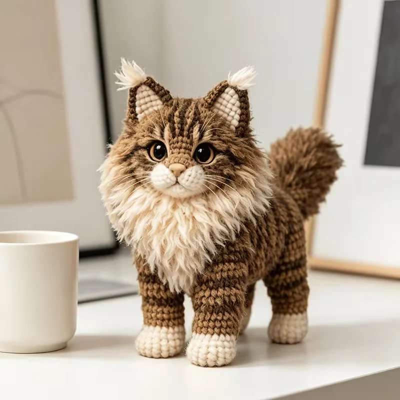 1 Juego Completo de Kit de Ganchillo para Gato Maine Coon Marrón, Apto para Principiantes | Kit de Manualidades Amigurumi con Hilo, Aguja de Ganchillo y Tutorial en Inglés | Juego de Suministros de Ganchillo Todo en Uno para Adultos, Ideal para Regalos de Cumpleaños, Regalos de Navidad y Decoraciones de Escritorio (Paquete de Regalo)