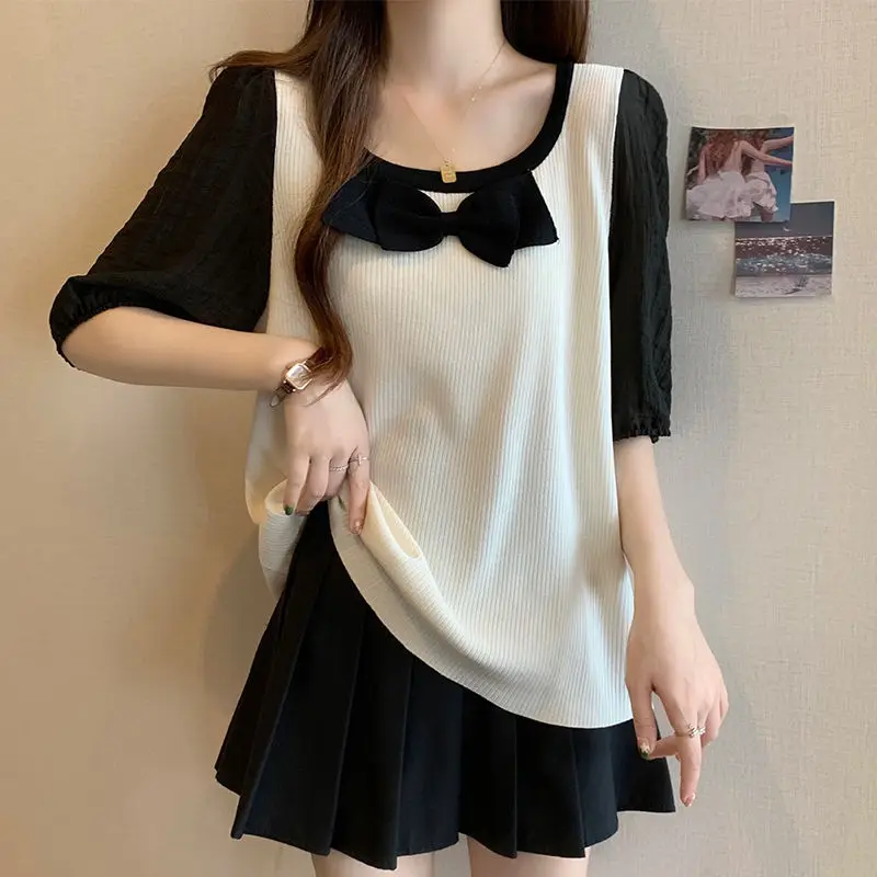 Fashion Square Collar Spliced Bow Fake Two Pieces T-Shirt Female Clothing 2024 Summer New Loose All-match Tops Sweet Tee Shirt