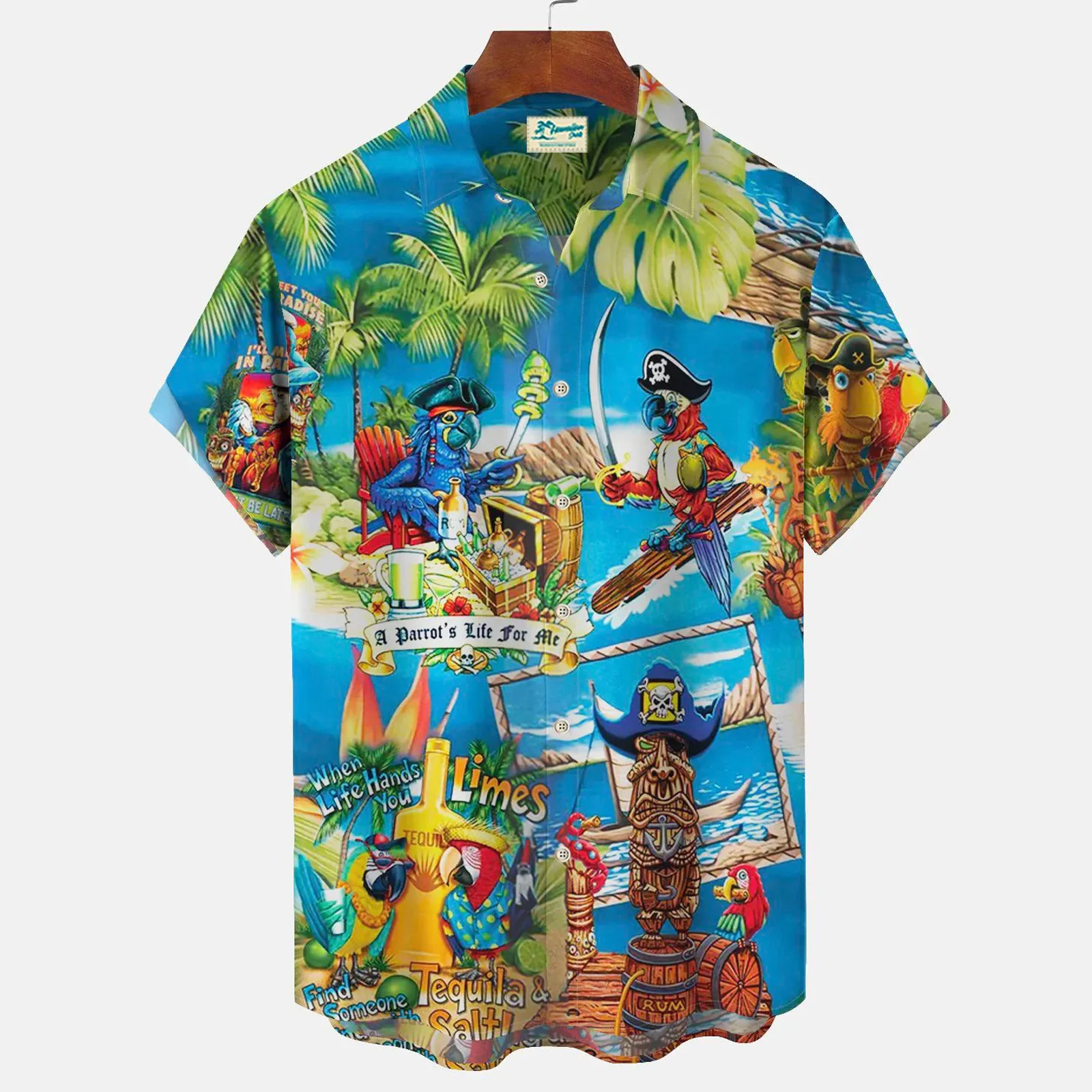 Parrot printed shirt Men's summer fashion shirt Single breasted short sleeved Hawaiian shirt Beach animal shirt Men's clothing