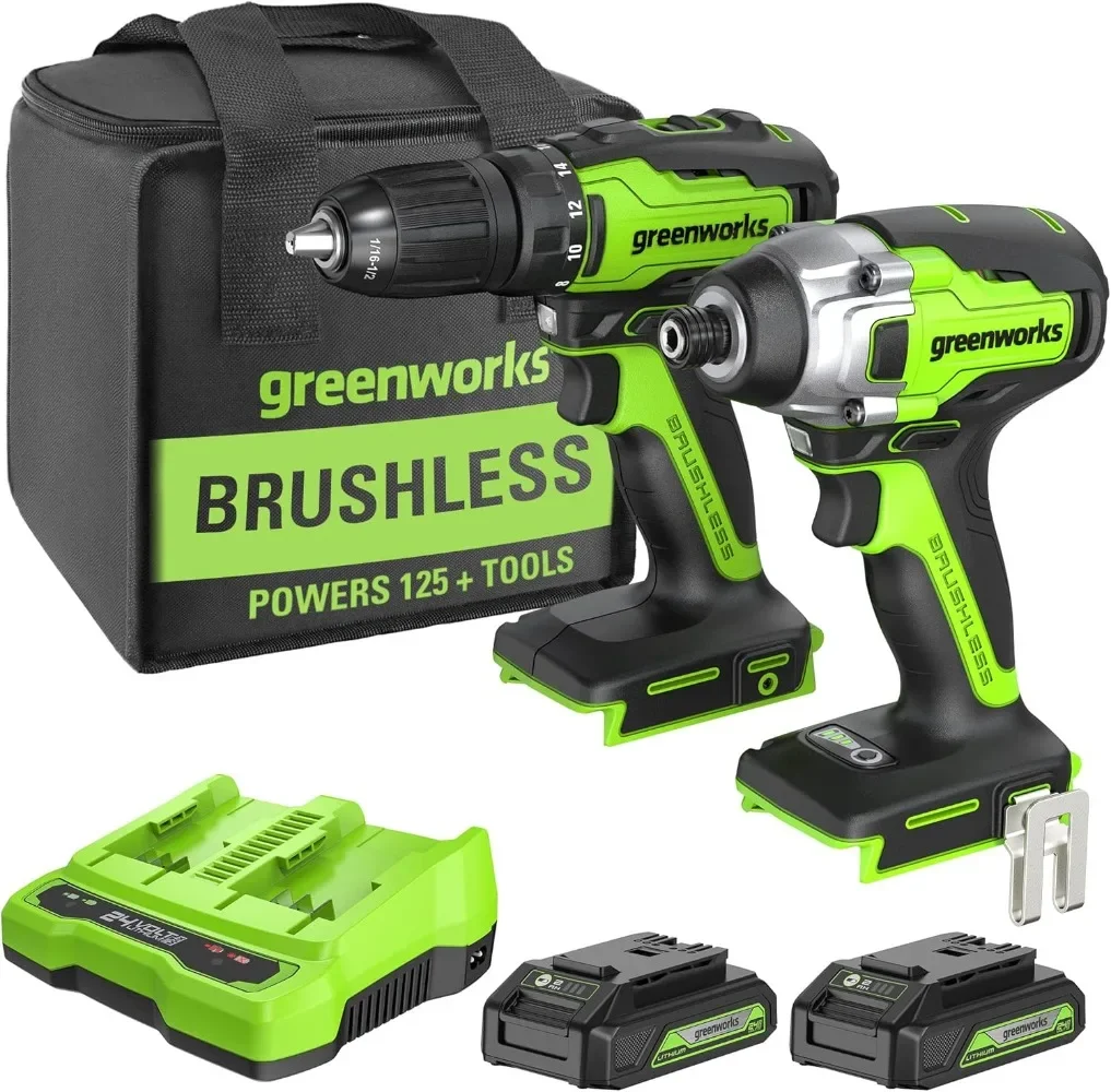 24V Brushless 310 in./lbs Drill (2) USB Batteries and Dual Port Charger Included LED Light, 2pcs Driving Bits with Tool Bag