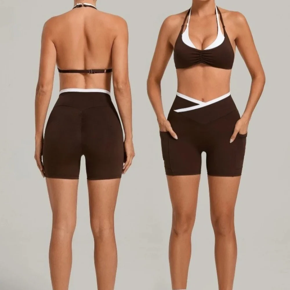 Two-color Halter Neck Bra+shorts Yoga Set Beautiful Back Yoga Tank Top+pocket Shorts Yoga Wear for Women Sports Running Fitness