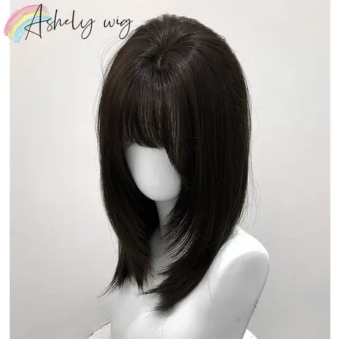 Ashely 검은 가발 짧은 스트레이트 16 인치 머리 가발 앞머리 머리띠 가발 고온 섬유 합성 가발 로리타 코스프레