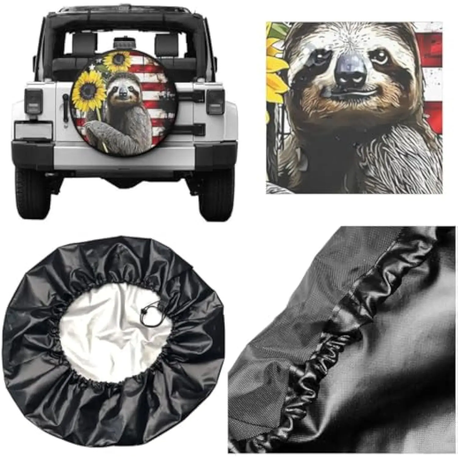 Sloth Sunflower American Flag Spare Tire Cover Polyester Fiber Waterproof Wheel Protector Universal Fit for RV Trailer Camper