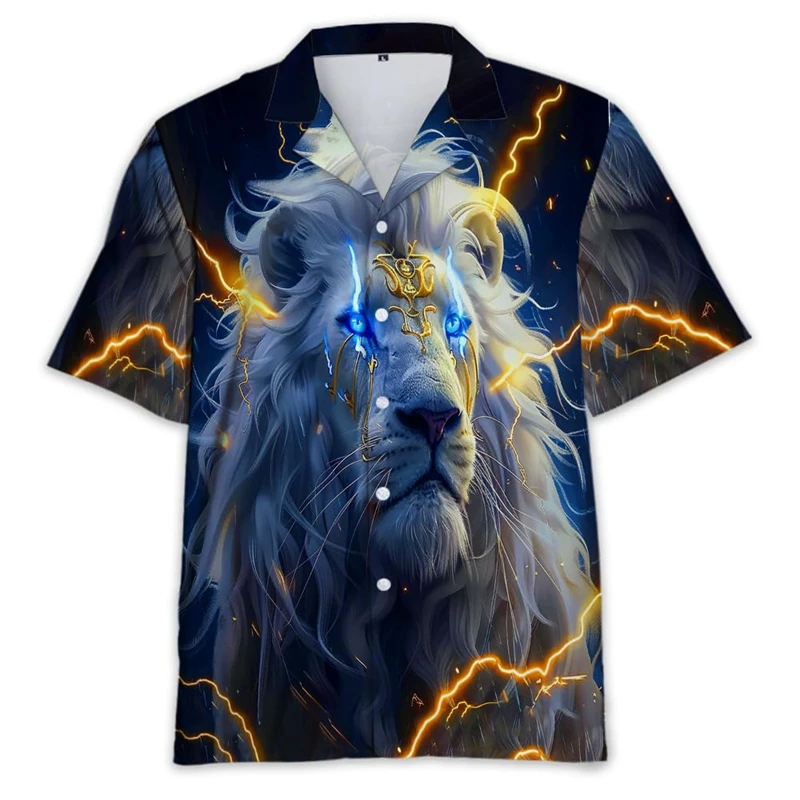 Camisa de praia masculina e feminina 3D com estampa animal, camisa de manga curta casual com estampa leão, blusa confortável havaiana para férias